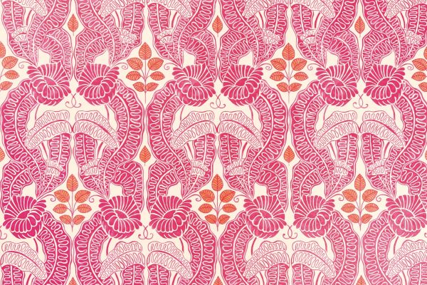 Pink and orange floral and leaf wallpaper design by Raoul Dufy, featuring vibrant, intricate patterns with bold flowers and soft leaves. The design blends modern and classic elements, creating a luxurious, nature-inspired aesthetic perfect for home interiors.