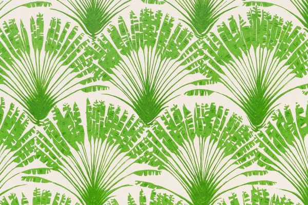 Brisa Printed Wallpaper in fresh grass green, featuring Michael Szell’s delicate feather fan motif. A bold yet elegant design for Christopher Farr Cloth.