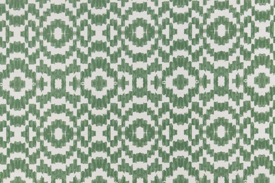 Echo Raffia Wallpaper in Moss, featuring a bold geometric pattern on natural raffia, adding earthy sophistication and tactile depth to interiors.