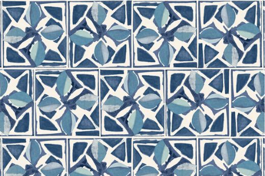 Geometric wallpaper in deep cobalt blue, featuring a symmetrical four-leaf motif with painterly brushstrokes inspired by Sandra Blow’s archive.