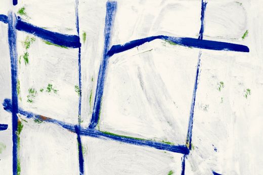 Painterly cobalt squares with green speckles on a natural background, evoking a hand-painted, abstract texture on a natural raffia surface.