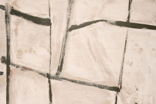 Charcoal-toned brush stroke squares on a textured raffia wallpaper, set against a contrasting painterly background for an artisanal look.