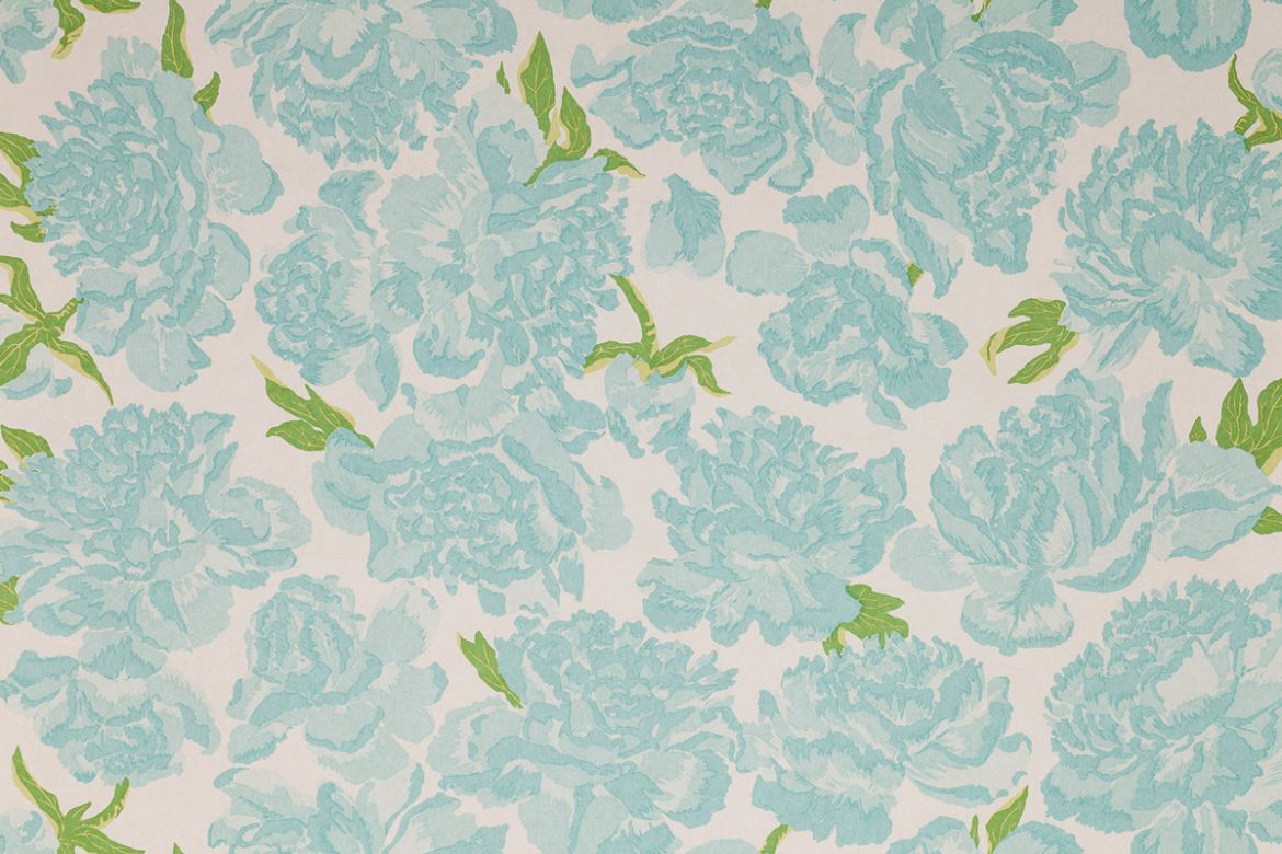 Turquoise – Peonies Printed Wallpaper in Turquoise; vibrant turquoise peony motifs with leafy green accents on a soft, neutral background, creating a refreshing botanical statement.