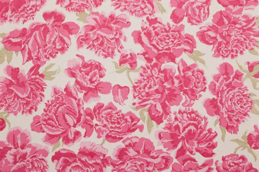 Fuchsia – Peonies Printed Wallpaper in Fuchsia; bold pink peonies with lush green foliage printed on a light-toned ground, delivering striking floral drama to walls.
