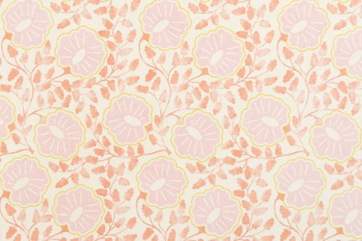 Warm guava pink and soft orange tones over a natural base, creating a vibrant yet soft paisley motif with floral detail.