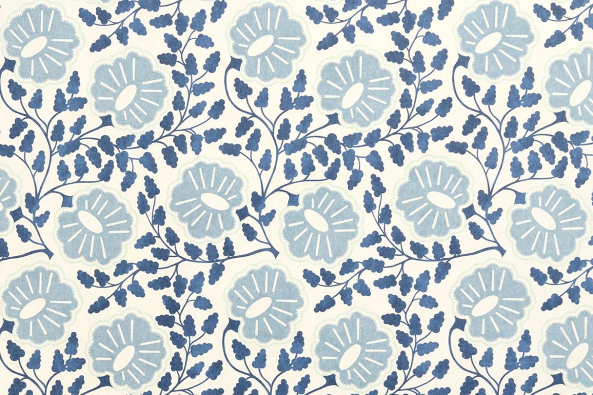 Tonal blue and white paisley pattern with delicate floral shapes on a crisp white background, evoking a classic and fresh aesthetic.