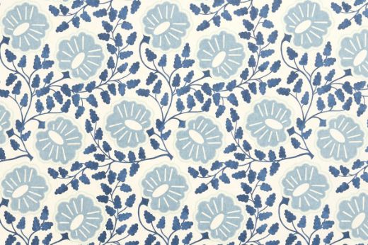 Tonal blue and white paisley pattern with delicate floral shapes on a crisp white background, evoking a classic and fresh aesthetic.