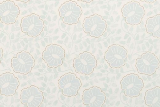 Subtle pale sky blue-grey tone with intricate white floral paisleys, offering a calm, airy effect perfect for serene interiors.
