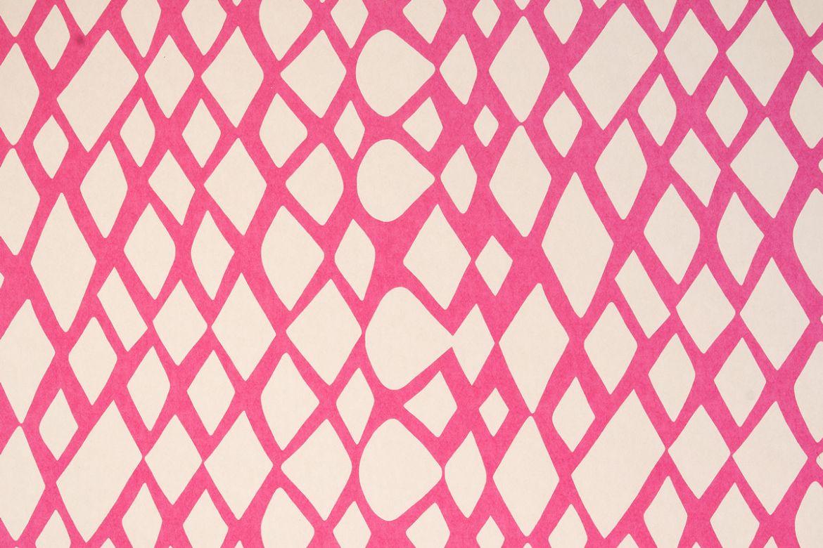 Sandra Blow designed, Tessera wallpaper in bright pink colour. Bold, abstract geometric patterns.