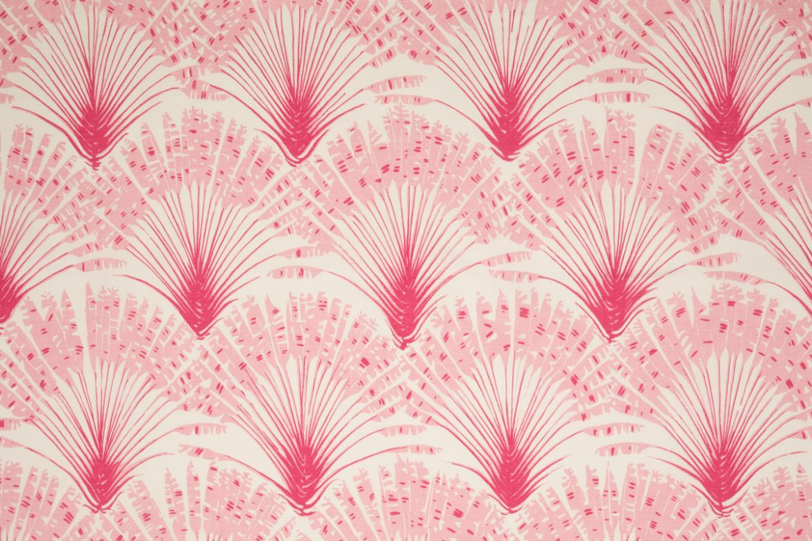 Brisa Feather Fan performance printed fabric in rose pink, featuring a repeated pattern of fanned feathers. Designed by Michael Szell for Christopher Farr Cloth.