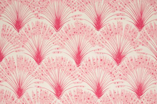 Brisa Feather Fan performance printed fabric in rose pink, featuring a repeated pattern of fanned feathers. Designed by Michael Szell for Christopher Farr Cloth.