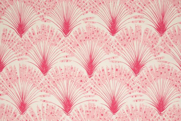 Brisa Feather Fan performance printed fabric in rose pink, featuring a repeated pattern of fanned feathers. Designed by Michael Szell for Christopher Farr Cloth.