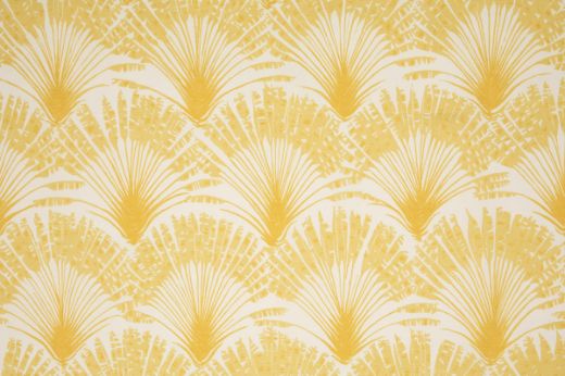 Brisa Feather Fan performance printed fabric in vibrant lemon yellow, with a delicate fanned feather motif. A Michael Szell design for Christopher Farr Cloth.