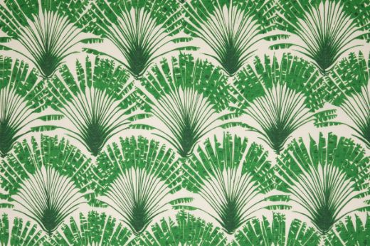 Brisa Feather Fan performance printed fabric in fresh grassy green, showcasing a subtle repeated feather fan pattern. Designed by Michael Szell for Christopher Farr Cloth.