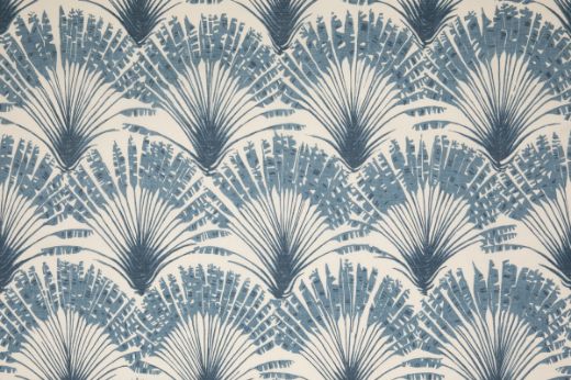 Brisa Feather Fan performance printed fabric in sky blue, featuring Michael Szell’s elegant feather fan motif for Christopher Farr Cloth.