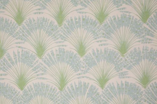 Brisa Feather Fan performance printed fabric in bright turquoise, decorated with a refined repeated fanned feather pattern. A design by Michael Szell for Christopher Farr Cloth.