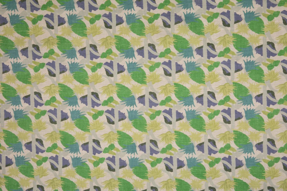 Cactus Flower Performance Printed Fabric in Prato green, featuring a bold, Bauhaus-inspired floral design with blue and green colours by Commune for Christopher Farr Cloth. Durable and vibrant for indoor or outdoor use.
