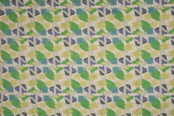 Cactus Flower Performance Printed Fabric in Prato green, featuring a bold, Bauhaus-inspired floral design with blue and green colours by Commune for Christopher Farr Cloth. Durable and vibrant for indoor or outdoor use.