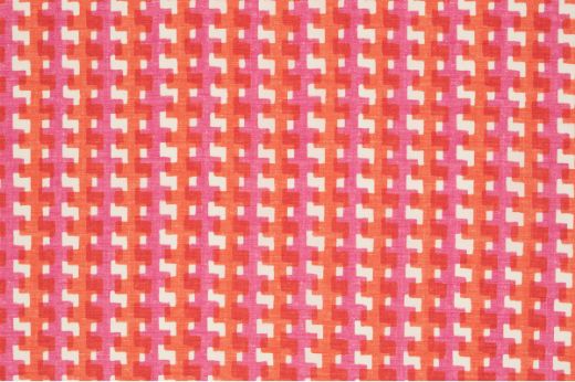 Cremaillère Printed Performance Fabric in Rosa, featuring a vibrant three-tone geometric pattern in hot pink, orange, and white.