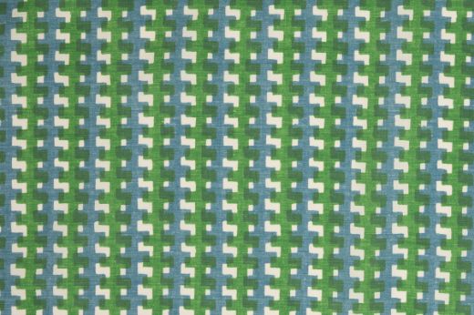 Cremaillère Printed Performance Fabric in Prato, with a bold geometric design in fresh green, blue, and white tones.