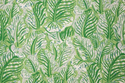 Mille Feuilles performance fabric in Prato, showcasing Raoul Dufy’s abstract leaf design in lush green tones with soft neutrals, perfect for indoor-outdoor use.