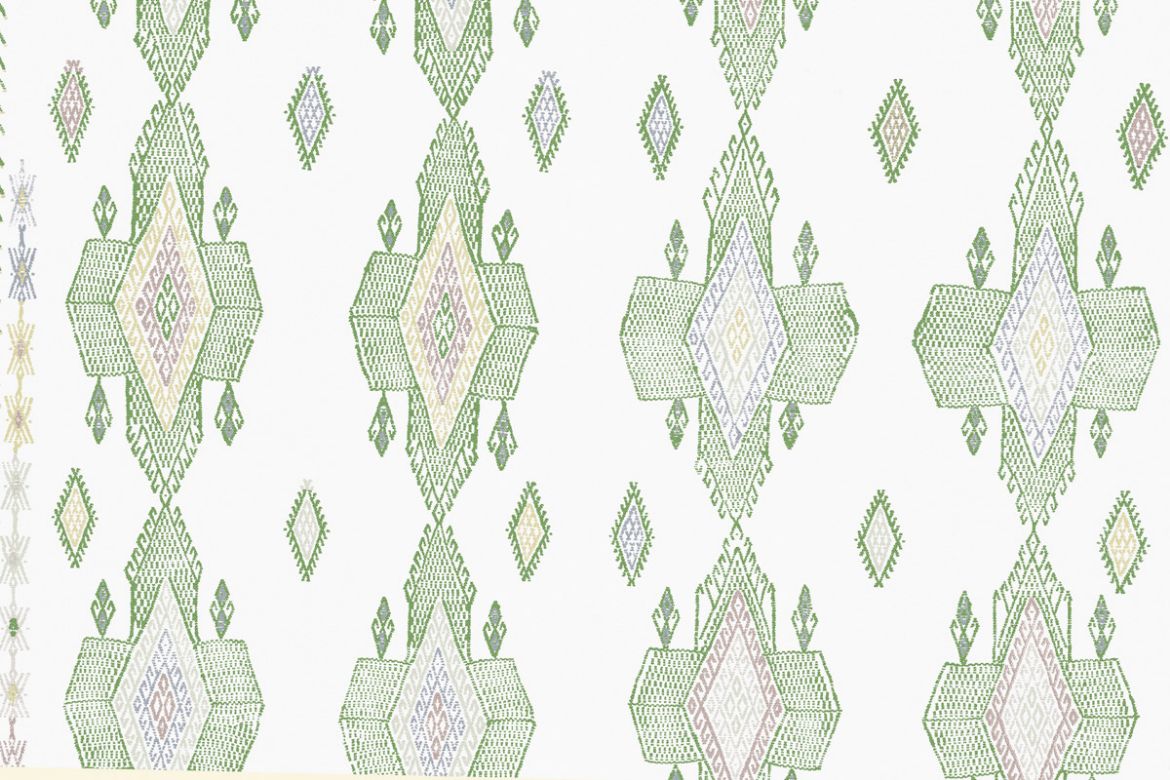 Geometric shapes in green tones with pops of lime green, light blues and warm greys. 