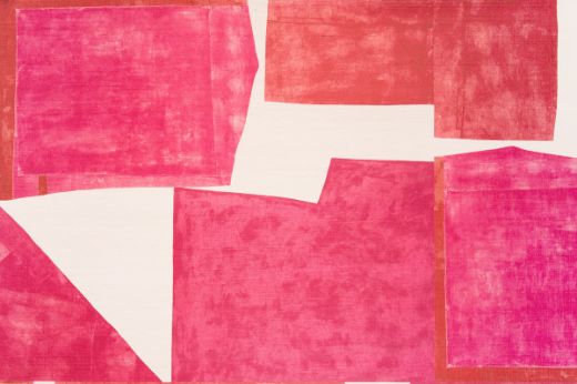 Sea Collage Raffia Wallcovering in Fuchsia – abstract pattern in vivid pink tones on natural raffia, adding bold artistic texture to walls.