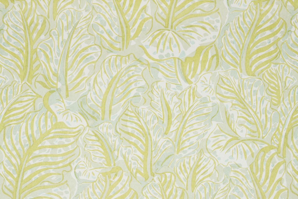 Mille Feuilles wallpaper in Grape, featuring abstract leaf forms in soft grape green tones, inspired by Raoul Dufy’s expressive archive design.