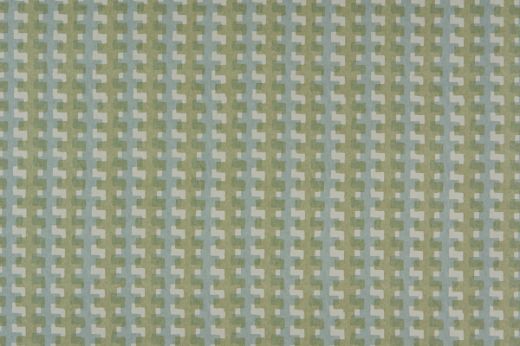 Cremaillère Printed Wallpaper in Fennel, showcasing a dynamic two-tone aqua blue and green geometric pattern over white, perfect for adding a playful yet elegant touch to walls.