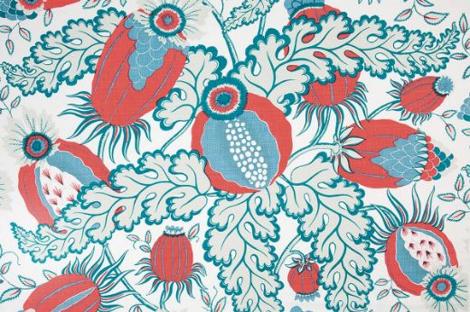 Christopher Farr Cloth Carnival Indoor Print Aubergine. A detailed botanical illustration featuring large stylised flowers in shades of red, blue and white, with intricate leaves and stems on a light background. 