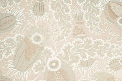 Christopher Farr Cloth Carnival Indoor Print Natural. A detailed botanical illustration featuring large stylised flowers in shades of neutral, with intricate leaves and stems on a light background. 