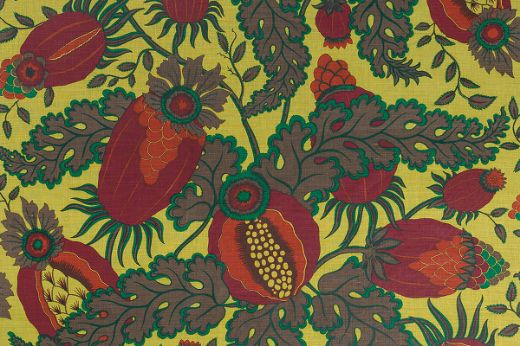 Christopher Farr Cloth Carnival Indoor Print Wine. A detailed botanical illustration featuring large stylised flowers in shades of red, yellow, green and purple, with intricate leaves and stems on a light background. 