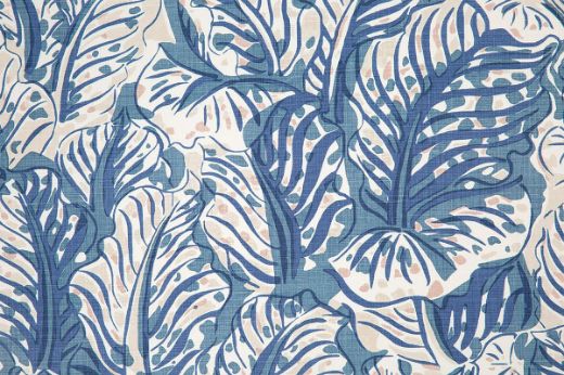 Mille Feuilles printed fabric in Denim, showcasing deep blue tones with accents of pink, evoking a dynamic and painterly botanical design.