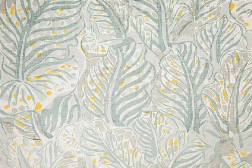Mille Feuilles printed fabric in Pale Blue, a delicate palette with hints of yellow and grey, capturing the airy movement of Dufy’s artistic leaves.