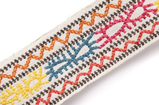 Caravanne Border Trim in Orange – tonal and multicolour Aztec-style embroidery stitched over natural linen tape