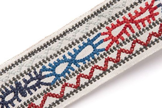 Caravanne Border Trim in Berry – rich berry-toned and multicolour embroidered Aztec pattern on natural linen border