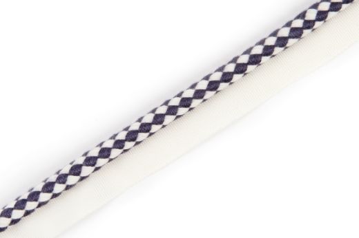 Circus Piping Trim in Dark Indigo, featuring a refined two-tone check in dark navy blue and white, ideal for modern upholstery and contemporary interior styling.