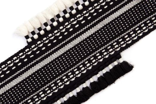Pom Parade Border Trim in Charcoal a striking black and white design with woven white through the black border.