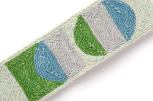 Pop Art Border Trim in Green – green, blue, and grey geometric embroidery on ecru jute, accented with mint green stitching.