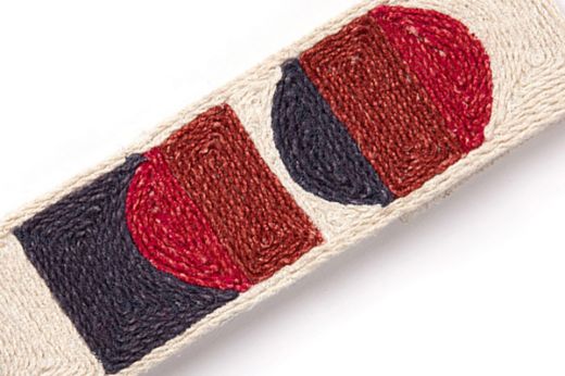 Pop Art Border Trim in Berry – deep navy and berry red geometric embroidery on ecru jute