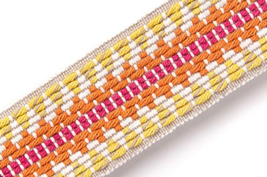 Railroad Border Trim in Orange – embroidered stripes in orange, pink, and yellow - inspired by railway lines.