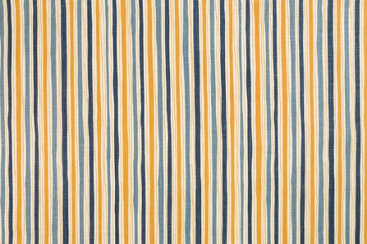 And Objects Boundary striped linen fabric in navy, indigo blue and ochre yellow hues, featuring a playful abstract stripe pattern, designed by And Objects for Christopher Farr Cloth.