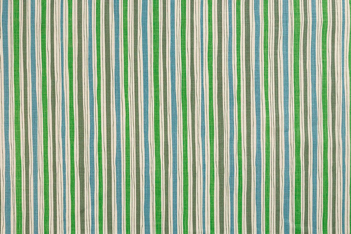 And Objects Boundary striped linen fabric in blue and olive green and bright green hues, featuring a playful abstract stripe pattern, designed by And Objects for Christopher Farr Cloth.