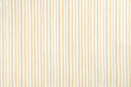 And Objects Boundary striped linen fabric in lemon, grey and neutral hues, featuring a playful abstract stripe pattern, designed by And Objects for Christopher Farr Cloth.