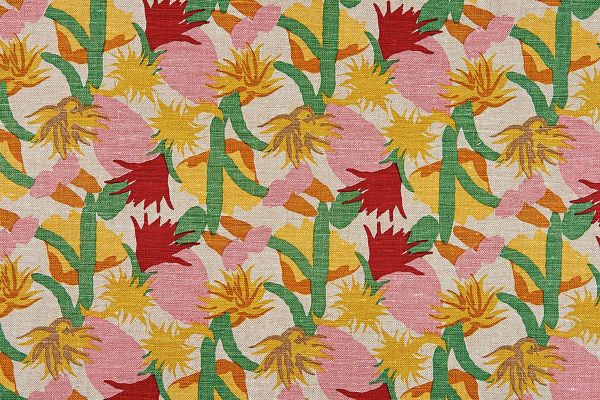 Repeated design of cactus flowers in the 'Ruby' colourway, part of the Cactus Flower collection by Commune for Christopher Farr Cloth, featuring vibrant pink, ruby red, green, and yellow hues.