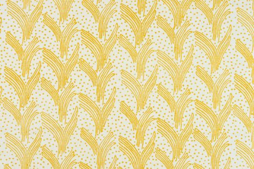 Lemon yellow colourway of Carnac printed linen fabric on white linen, featuring a contemporary Bauhaus-inspired dotty and line pattern, perfect for upholstery, curtains, and accessories.