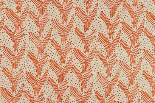 Orange colourway of Carnac printed linen fabric on natural linen, featuring a contemporary Bauhaus-inspired dotty and line pattern, perfect for upholstery, curtains, and accessories.