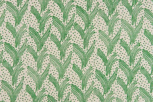 Green colourway of Carnac printed linen fabric on natural linen, featuring a contemporary Bauhaus-inspired dotty and line pattern, perfect for upholstery, curtains, and accessories.