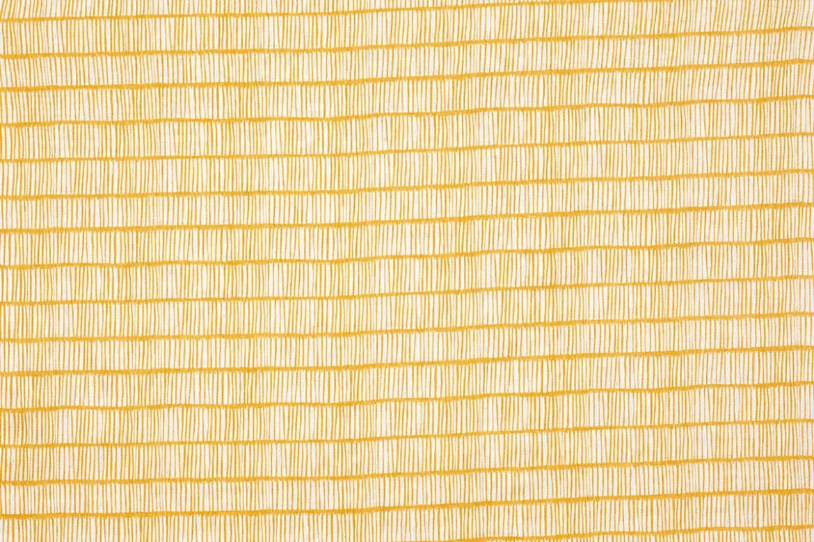 Crochet Printed Linen Fabric in Lemon, featuring a soft yellow and white two-tone design with a Scandi-inspired linear pattern on sustainable linen.