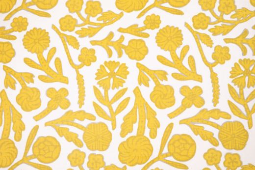Day Printed Fabric in Lemon, featuring abstract hand-drawn floral motifs in vibrant yellow on white linen, creating a bold, painterly pattern for interiors.